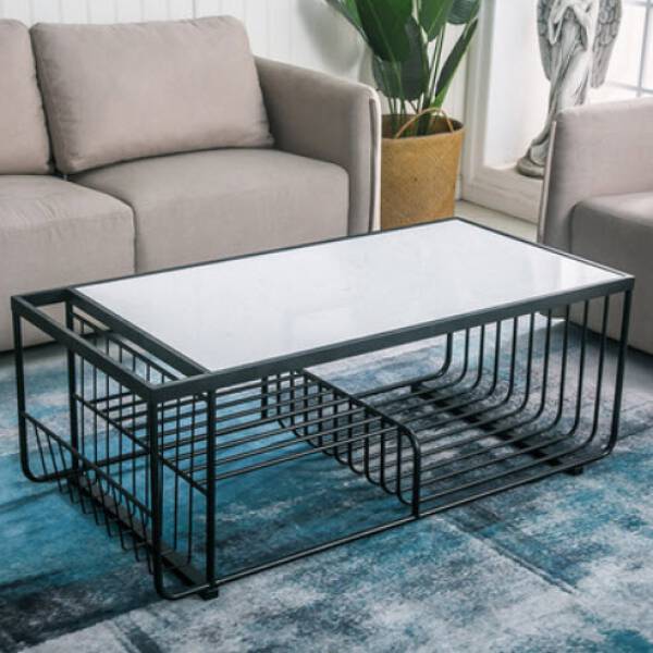 โต๊ะกลางอเนกประสงค์สไตล์อาร์ตเดคโค สีท็อปขาว โครงขาสีดำ