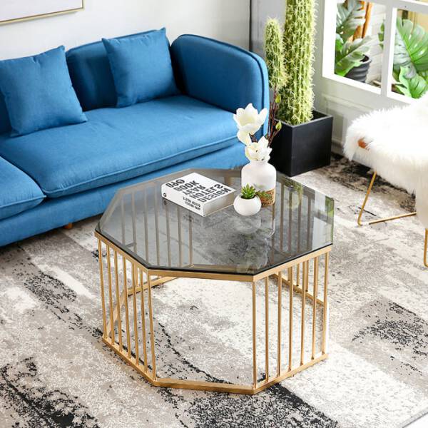 ขาย โต๊ะกลางแปดเหลี่ยมสไตล์ยุโรปท็อปกระจกนิรภัย