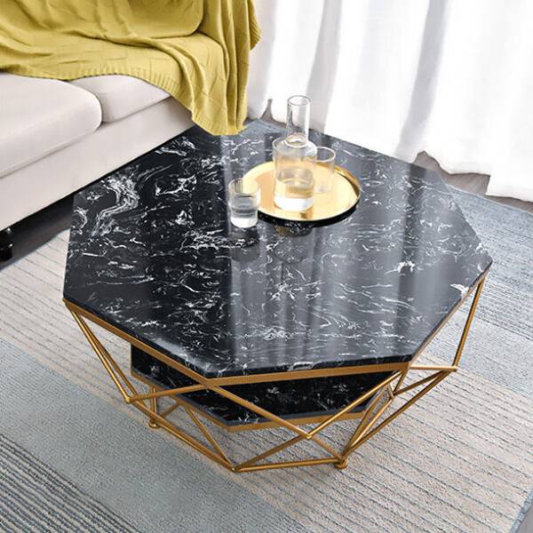 โต๊ะกลางแปดเหลี่ยมท็อปหินอ่อนสองชั้น ท็อปหินอ่อนสีดำ