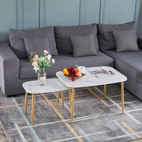 ชุดโต๊ะกลางสี่เหลี่ยมท็อปหินอ่อน ขาสีทอง ท็อปสีขาว ราคา