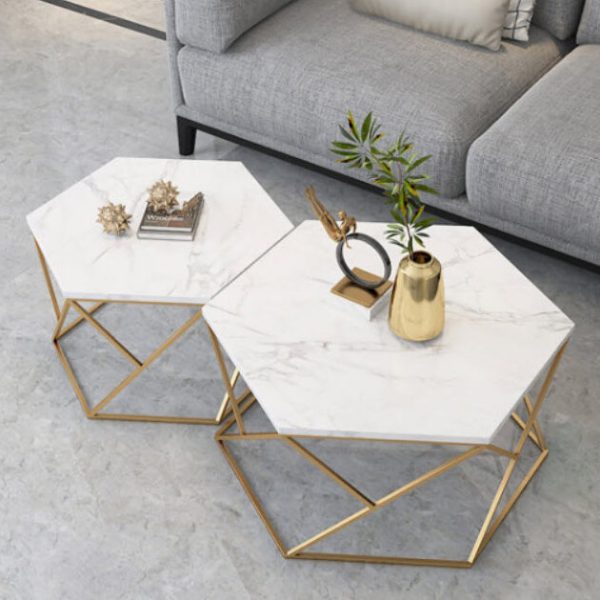 ขาย โต๊ะกลางลายหินอ่อนหกเหลี่ยม ชุด 2 ตัว