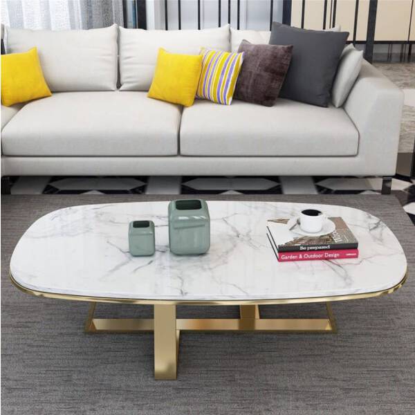 โต๊ะกลางทรงเหลี่ยมสไตล์ยุโรป ท็อปสีขาว โครงขาสีทอง