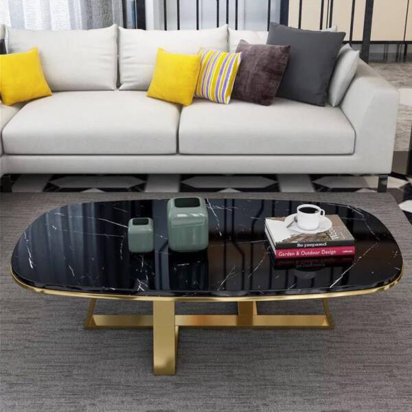 โต๊ะกลางทรงเหลี่ยมสไตล์ยุโรป ท็อปสีดำ โครงขาสีทอง