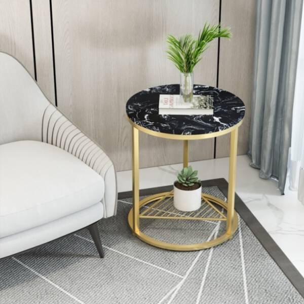 ขาย โต๊ะข้างเตียง โต๊ะข้างโซฟา ท็อปหินอ่อนสองชั้น ท็อปหินอ่อนสีดำ โครงขาสีทอง ราคาพิเศษ