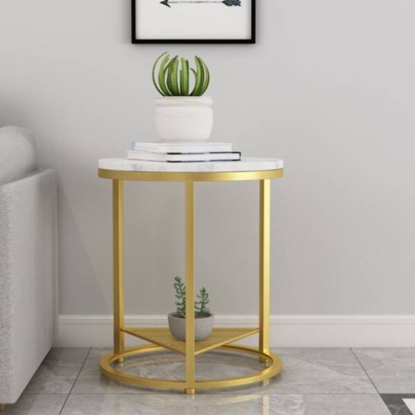 ขาย โต๊ะข้างเตียง โต๊ะข้างโซฟา ท็อปหินอ่อนสองชั้น ท็อปหินอ่อนสีขาว โครงขาสีทอง ราคาพิเศษ