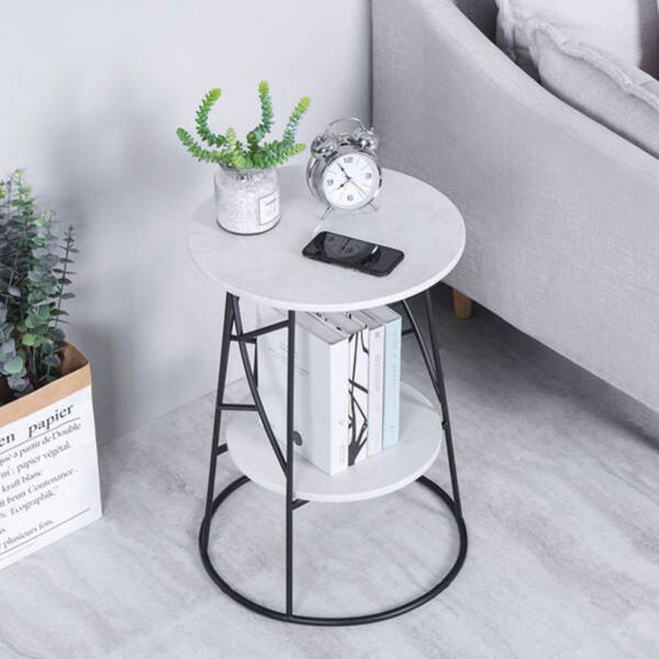 โต๊ะข้างเตียง โต๊ะข้างโซฟา ท็อปหินอ่อนสองชั้น ดีไซน์เอกลักษณ์ โครงขาสีดำ ราคา