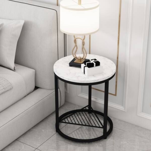 ขาย โต๊ะข้างเตียง โต๊ะข้างโซฟา ท็อปหินอ่อนสองชั้น ท็อปหินอ่อนสีขาว โครงขาสีดำ