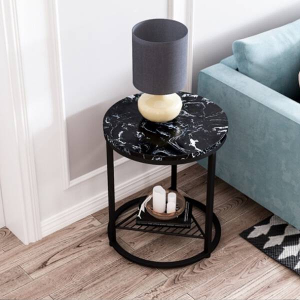 ขาย โต๊ะข้างเตียง โต๊ะข้างโซฟา ท็อปหินอ่อนสองชั้น ท็อปหินอ่อนสีดำ โครงขาสีดำ