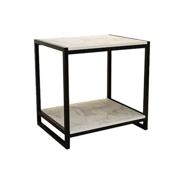โต๊ะข้างเตียง โต๊ะข้างโซฟา ทรงสี่เหลี่ยมท็อปหินอ่อนสองชั้น โครงขาสีดำ ท็อปหินอ่อนสีขาว