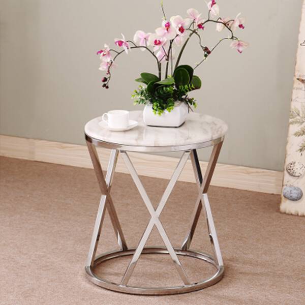 โต๊ะข้าง ขาสแตนเลส ท็อปหินอ่อนสีขาว โครงขาสแตนเลสสีเงิน