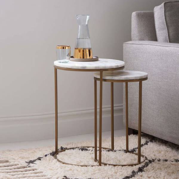 ขาย ชุดโต๊ะข้าง ท็อปหินอ่อน สไตล์ยุโรป 2 ตัว โครงขาสีทอง ราคา