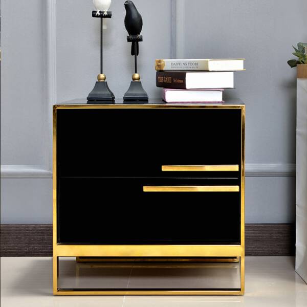 โต๊ะข้างเตียง พร้อมลิ้นชักสองชั้นสีดำขอบทอง - Premium Black Side Table ราคาพิเศษ