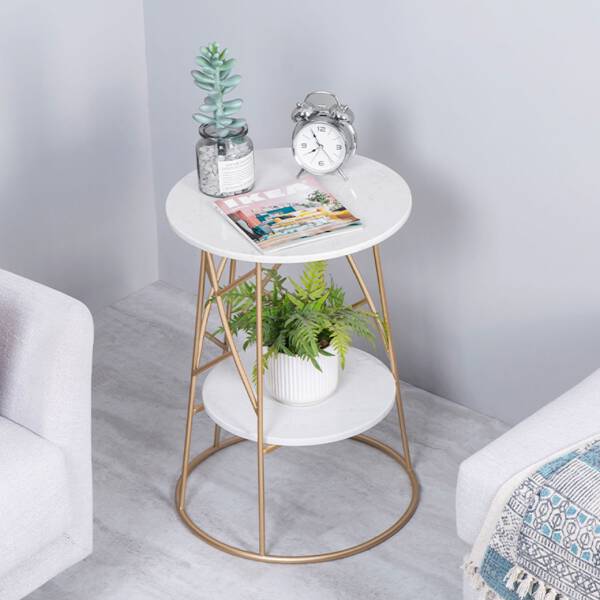 ขาย โต๊ะข้างเตียง โต๊ะข้างโซฟา ท็อปหินอ่อนสองชั้น ดีไซน์เอกลักษณ์ โครงขาสีทอง ราคา