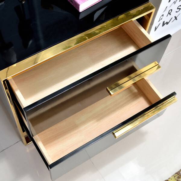 ลิ้นชัก โต๊ะข้างเตียง พร้อมลิ้นชักสองชั้นสีดำขอบทอง - Premium Black Side Table