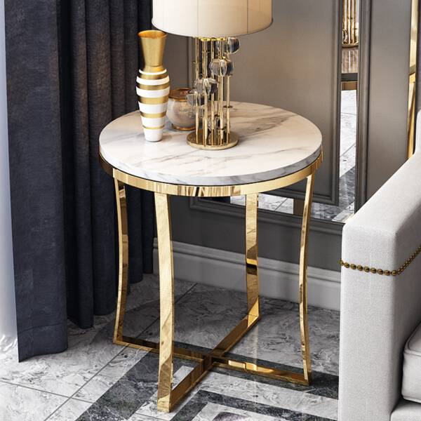 ขาย โต๊ะข้างเตียง โต๊ะข้างโซฟา ขาสแตนเลสสีทอง ท็อปหินอ่อนสีขาว