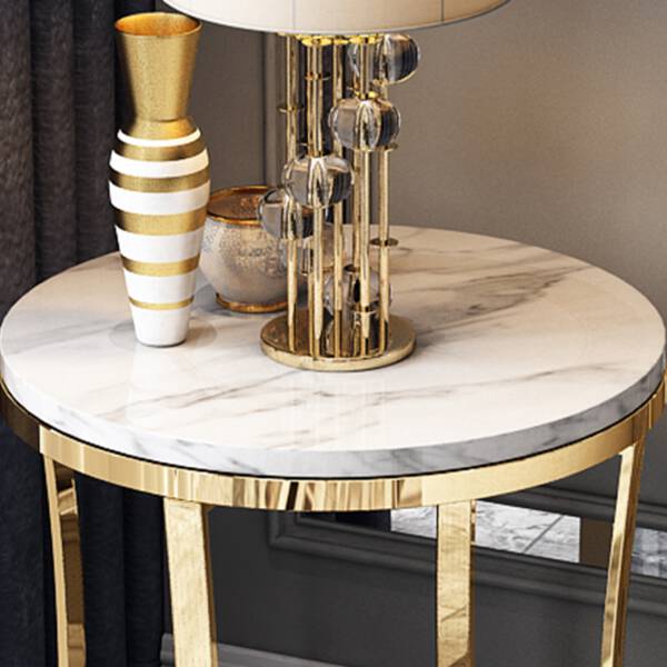 ท็อปหินอ่อน โต๊ะข้างเตียง โต๊ะข้างโซฟา ขาสแตนเลสสีทอง ท็อปหินอ่อนสีขาว