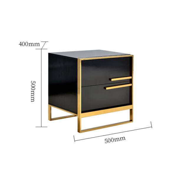 ขนาด โต๊ะข้างเตียง พร้อมลิ้นชักสองชั้นสีดำขอบทอง - Premium Black Side Table