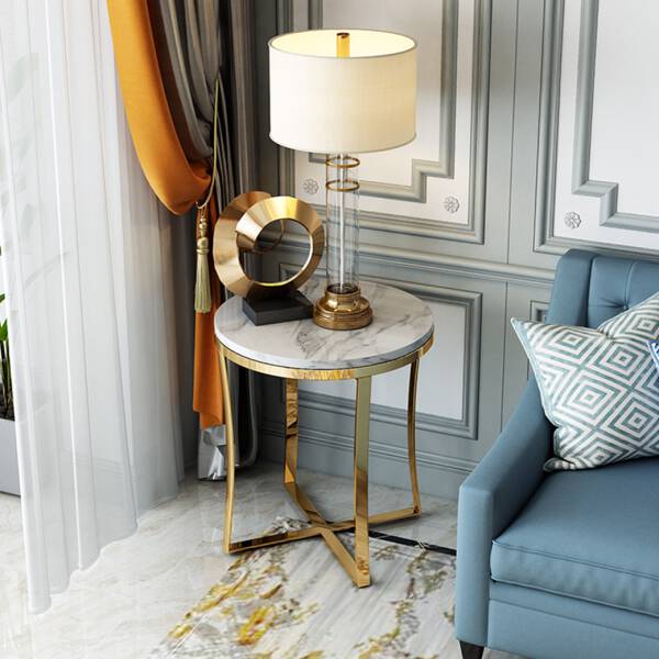 ขาย โต๊ะข้างเตียง โต๊ะข้างโซฟา ขาสแตนเลสสีทอง ท็อปหินอ่อนสีขาว ราคา