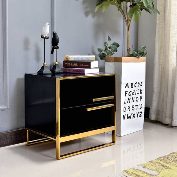 โต๊ะข้างเตียง พร้อมลิ้นชักสองชั้นสีดำขอบทอง - Premium Black Side Table