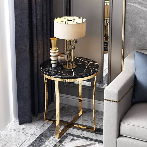 โต๊ะข้างเตียง โต๊ะข้างโซฟา ขาสแตนเลสสีทอง ท็อปหินอ่อนสีดำ