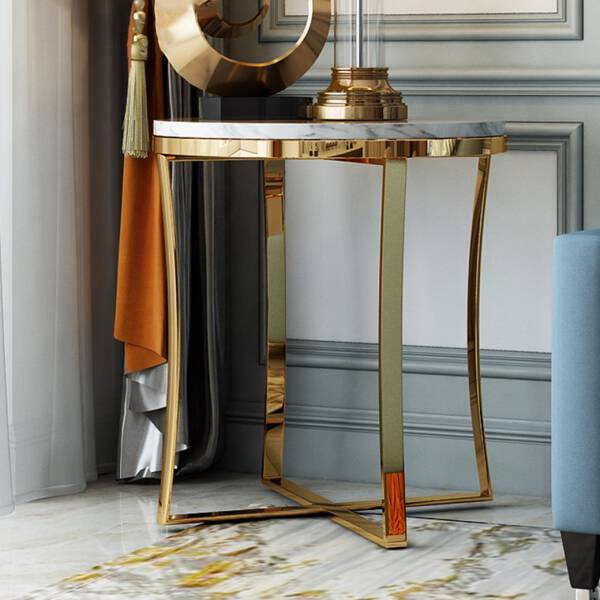 โต๊ะข้างเตียง โต๊ะข้างโซฟา ขาสแตนเลสสีทอง ท็อปหินอ่อนสีขาว