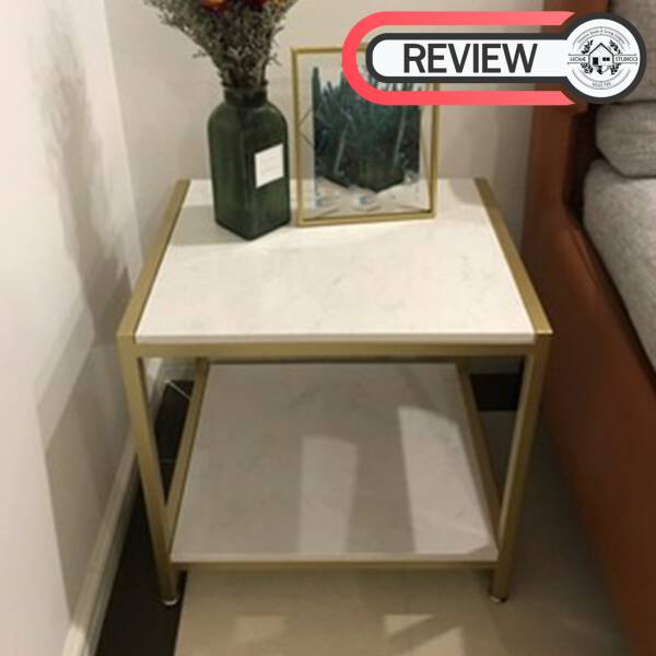 รีวิว โต๊ะข้างเตียง โต๊ะข้างโซฟา ทรงสี่เหลี่ยมท็อปหินอ่อนสองชั้น โครงขาสีทอง ท็อปหินอ่อนสีขาว