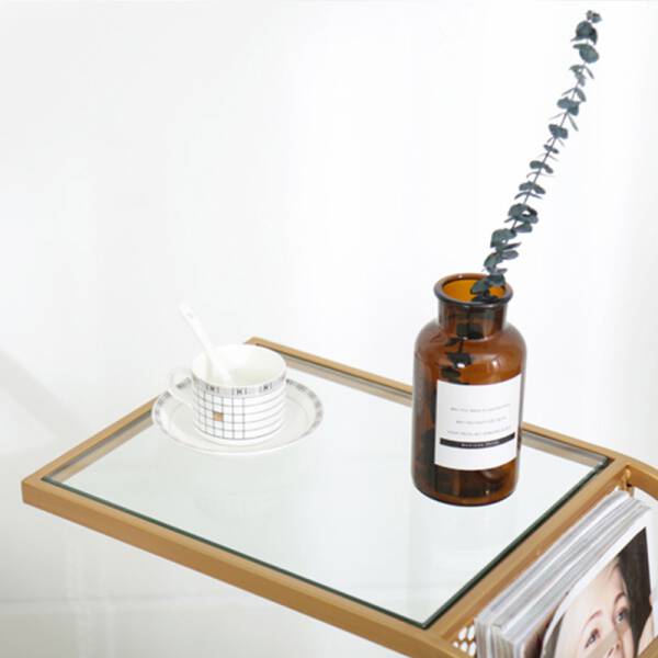 ท็อปกระจก โต๊ะข้างอเนกประสงค์พร้อมชั้นวางหนังสือ สีทอง