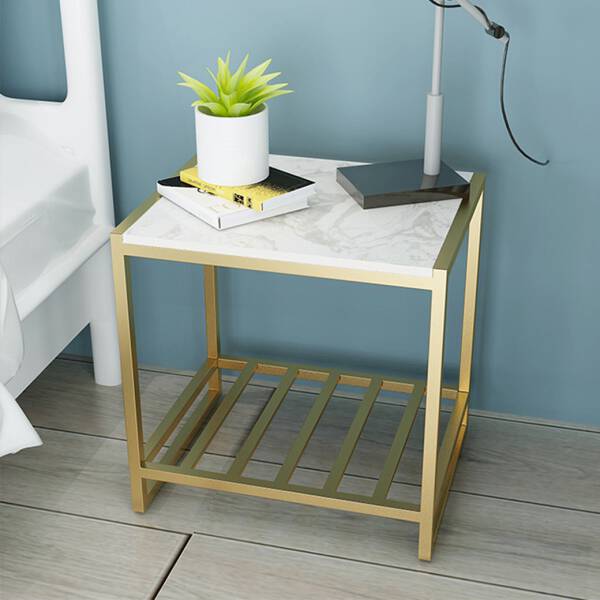 โต๊ะข้างเตียง โต๊ะข้างโซฟา ทรงสี่เหลี่ยมท็อปหินอ่อน ท็อปหินอ่อนสีขาว โครงขาสีทอง