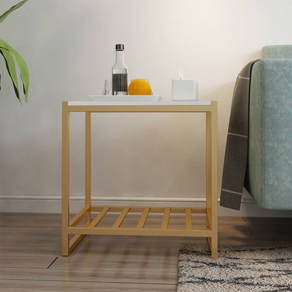 ขาย โต๊ะข้างเตียง โต๊ะข้างโซฟา ทรงสี่เหลี่ยมท็อปหินอ่อน ท็อปหินอ่อนสีขาว โครงขาสีทอง