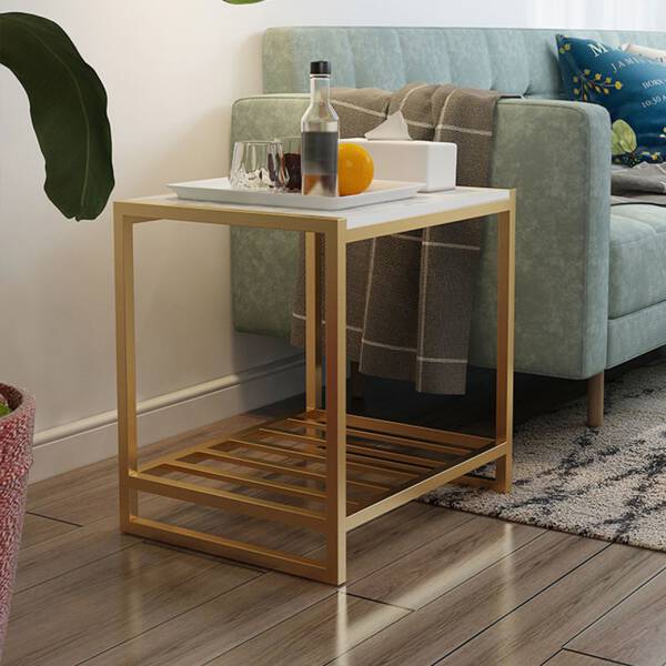 ขาย โต๊ะข้างเตียง โต๊ะข้างโซฟา ทรงสี่เหลี่ยมท็อปหินอ่อน ท็อปหินอ่อนสีขาว โครงขาสีทอง ราคา