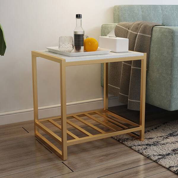 โต๊ะข้างเตียง โต๊ะข้างโซฟา ทรงสี่เหลี่ยมท็อปหินอ่อน ท็อปหินอ่อนสีขาว โครงขาสีทอง ราคา