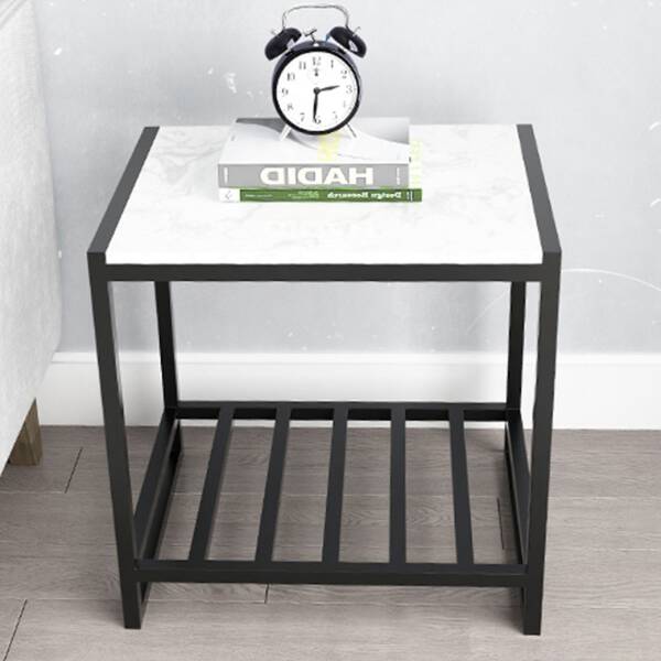 โต๊ะข้างเตียง โต๊ะข้างโซฟา ทรงสี่เหลี่ยมท็อปหินอ่อน ท็อปหินอ่อนสีขาว โครงขาสีดำ