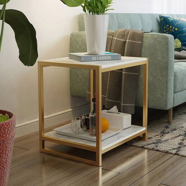 โต๊ะข้างเตียง โต๊ะข้างโซฟา ทรงสี่เหลี่ยมท็อปหินอ่อนสองชั้น โครงขาสีทอง ท็อปหินอ่อนสีขาว ราคา