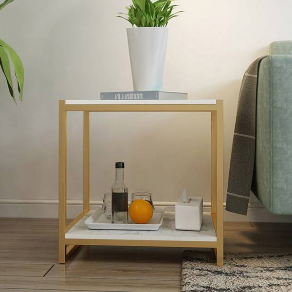 ขาย โต๊ะข้างเตียง โต๊ะข้างโซฟา ทรงสี่เหลี่ยมท็อปหินอ่อนสองชั้น โครงขาสีทอง ท็อปหินอ่อนสีขาว ราคา