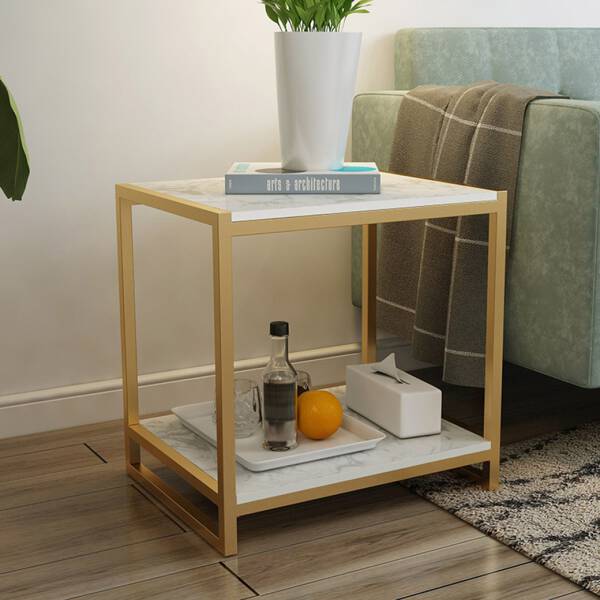 ขาย โต๊ะข้างเตียง โต๊ะข้างโซฟา ทรงสี่เหลี่ยมท็อปหินอ่อนสองชั้น โครงขาสีทอง ท็อปหินอ่อนสีขาว ราคาพิเศษ