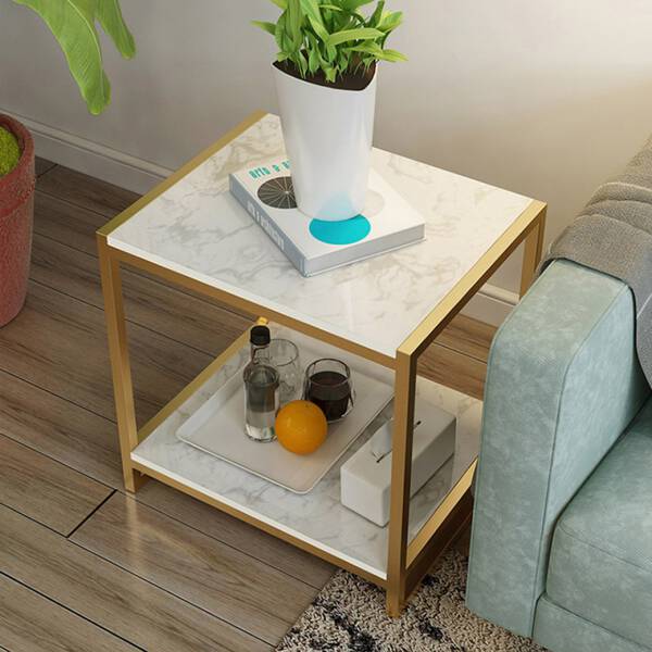โต๊ะข้างเตียง โต๊ะข้างโซฟา ทรงสี่เหลี่ยมท็อปหินอ่อนสองชั้น โครงขาสีทอง ท็อปหินอ่อนสีขาว ราคาพิเศษ