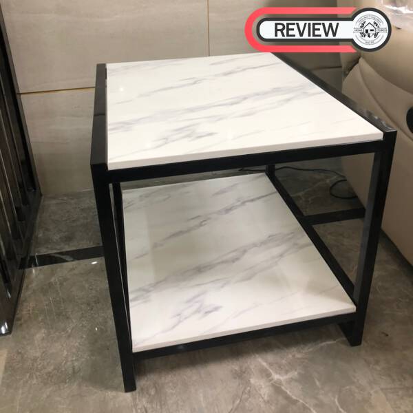 รีวิว โต๊ะข้างเตียง โต๊ะข้างโซฟา ทรงสี่เหลี่ยมท็อปหินอ่อนสองชั้น โครงขาสีดำ ท็อปหินอ่อนสีขาว