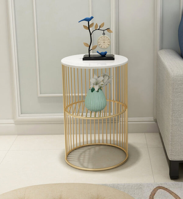 โต๊ะข้างท็อปวงกลม 2 ชั้น ท็อปสีขาว โครงขาสีทอง