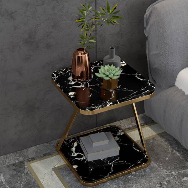 ขาย โต๊ะข้างเตียงข้างโซฟาท็อปหินอ่อน 2 ชั้น ท็อปหินอ่อนสีดำ