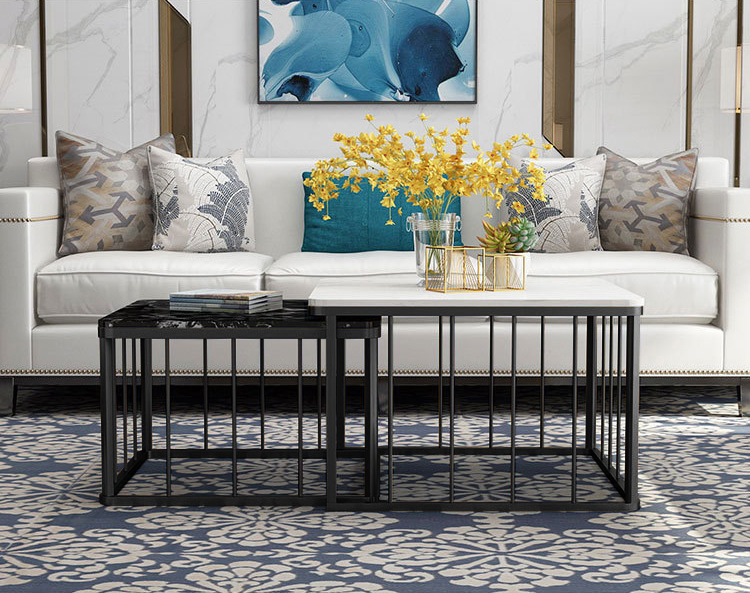 ชุดโต๊ะกลางห้องรับแขก 2 ตัว ท็อปหินอ่อน ท็อปสีดำขาว ขาสีดำ