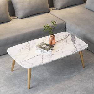 โต๊ะสี่เหลี่ยมพื้นผ้าสำหรับห้องรับแขกท็อปลายหินอ่อน ท็อปหินสีขาว โครงขาสีทอง