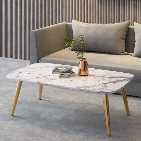 ขาย โต๊ะสี่เหลี่ยมพื้นผ้าสำหรับห้องรับแขกท็อปลายหินอ่อน ท็อปหินสีขาว โครงขาสีทอง