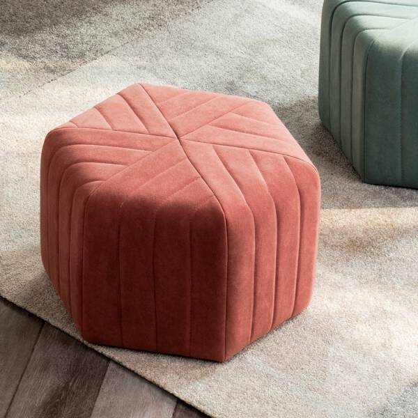 ม้านั่งทรงหกเหลี่ยมสำหรับตกแต่งบ้านหุ้มกำมะหยี่ เบาะสีชมพู