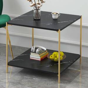 โต๊ะข้างเตียงข้างโซฟาท็อปไม้อัดลายหินอ่อน 2 ชั้น ท็อปสี่เหลี่ยม สีดำ