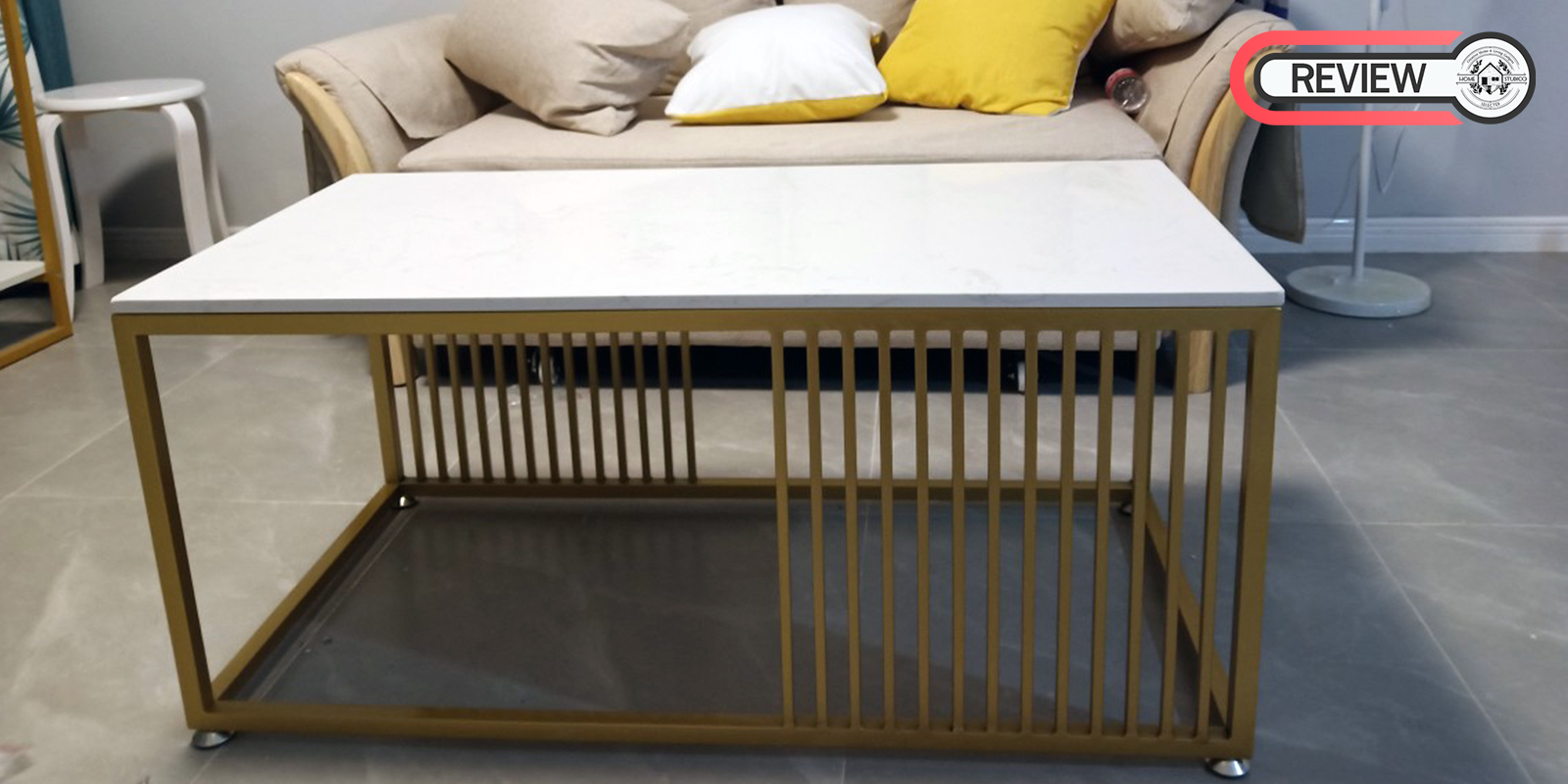 รีวิว โต๊ะกลางห้องรับแขกท็อปหินอ่อนสี่เหลี่ยมผืนผ้า - Rectangle Golden Coffee Table