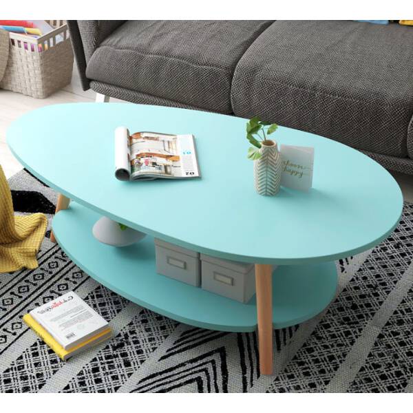 โต๊ะกลางห้องรับแขกไม้ทรงรี ท็อปสีฟ้า