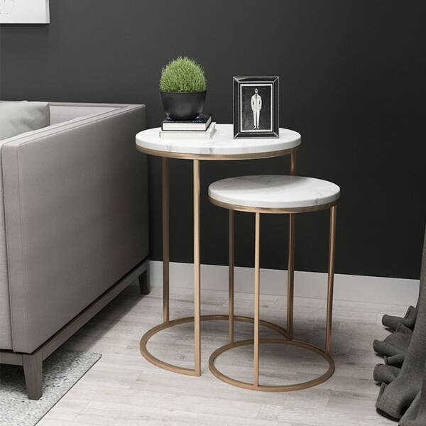ชุด โต๊ะข้างเตียง โต๊ะข้างโซฟา ท็อปหินอ่อนสีขาว 2 ตัว – Marble Side Table Set