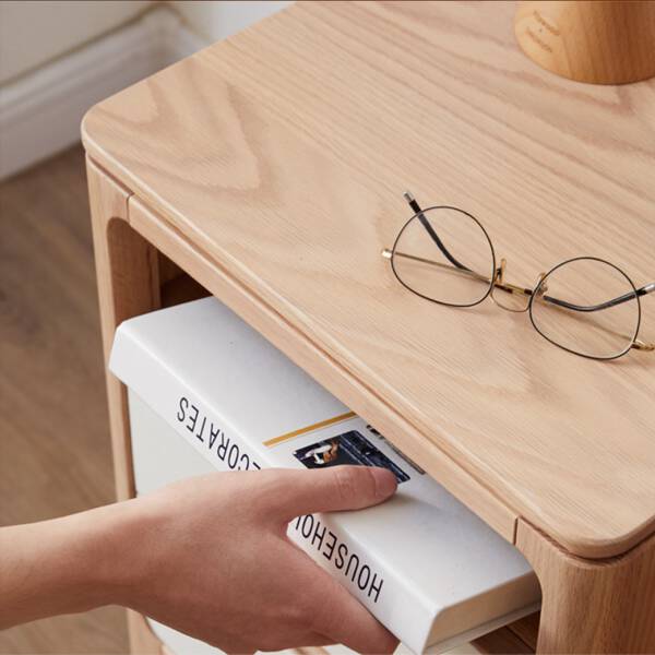 ช่องเก็บของ โต๊ะข้าง อเนกประสงค์ ท็อปไม้แท้ พร้อมชั้นชักสองชั้น