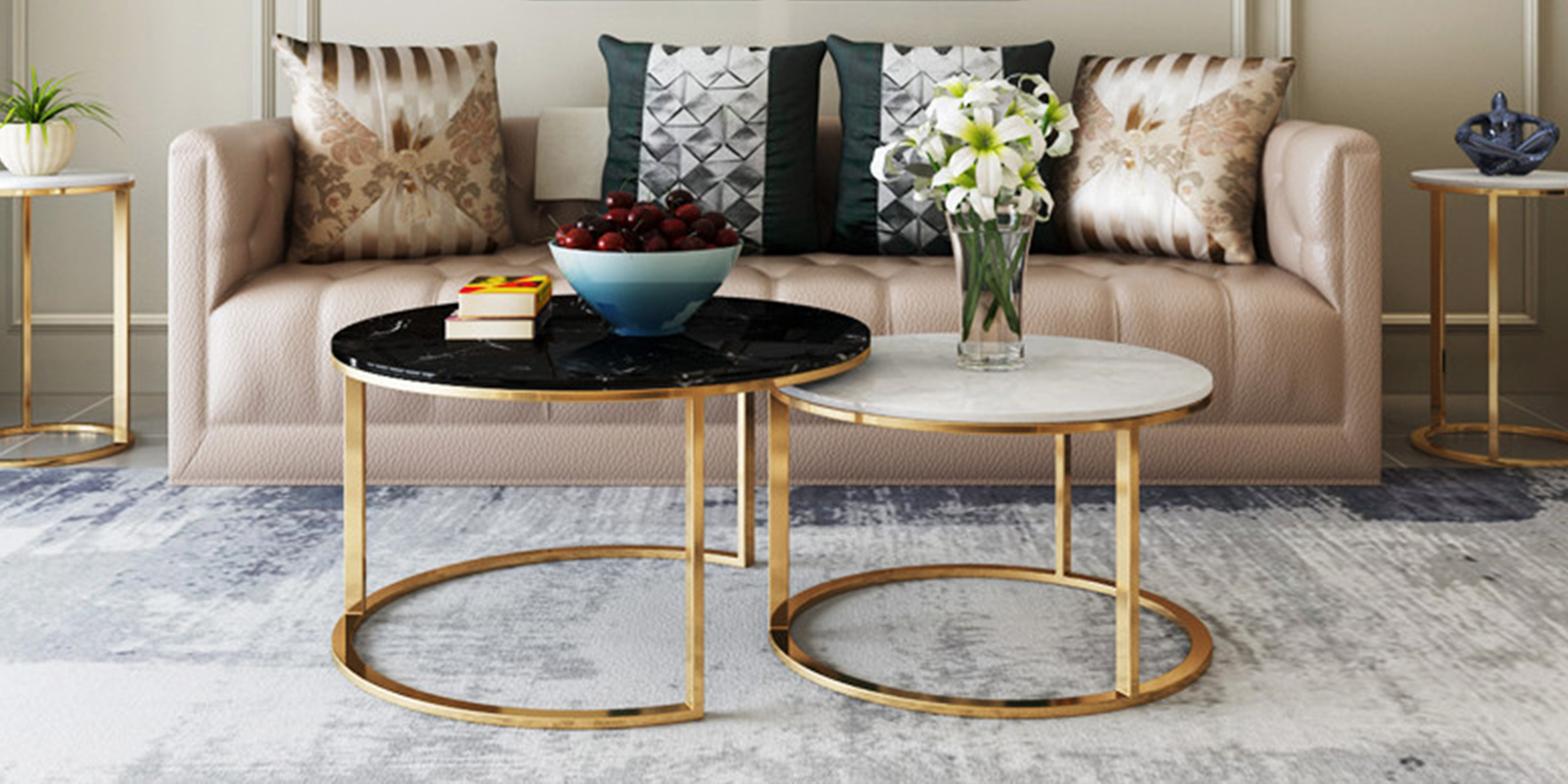 โต๊ะกลางห้องรับแขกหินอ่อนชุด 2 ตัว - Marble Coffee Table Set