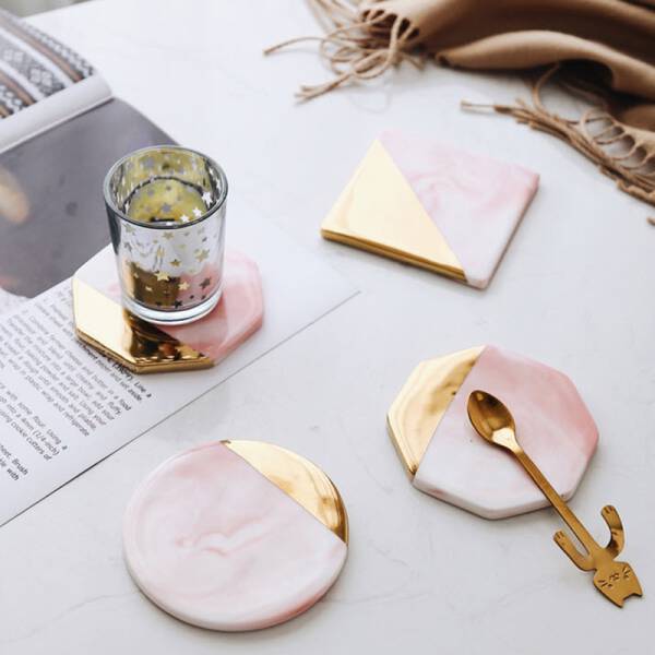 ขาย แผ่นรองแก้วหินอ่อน Golden Edge Pink Marble Coaster ราคา พิเศษ